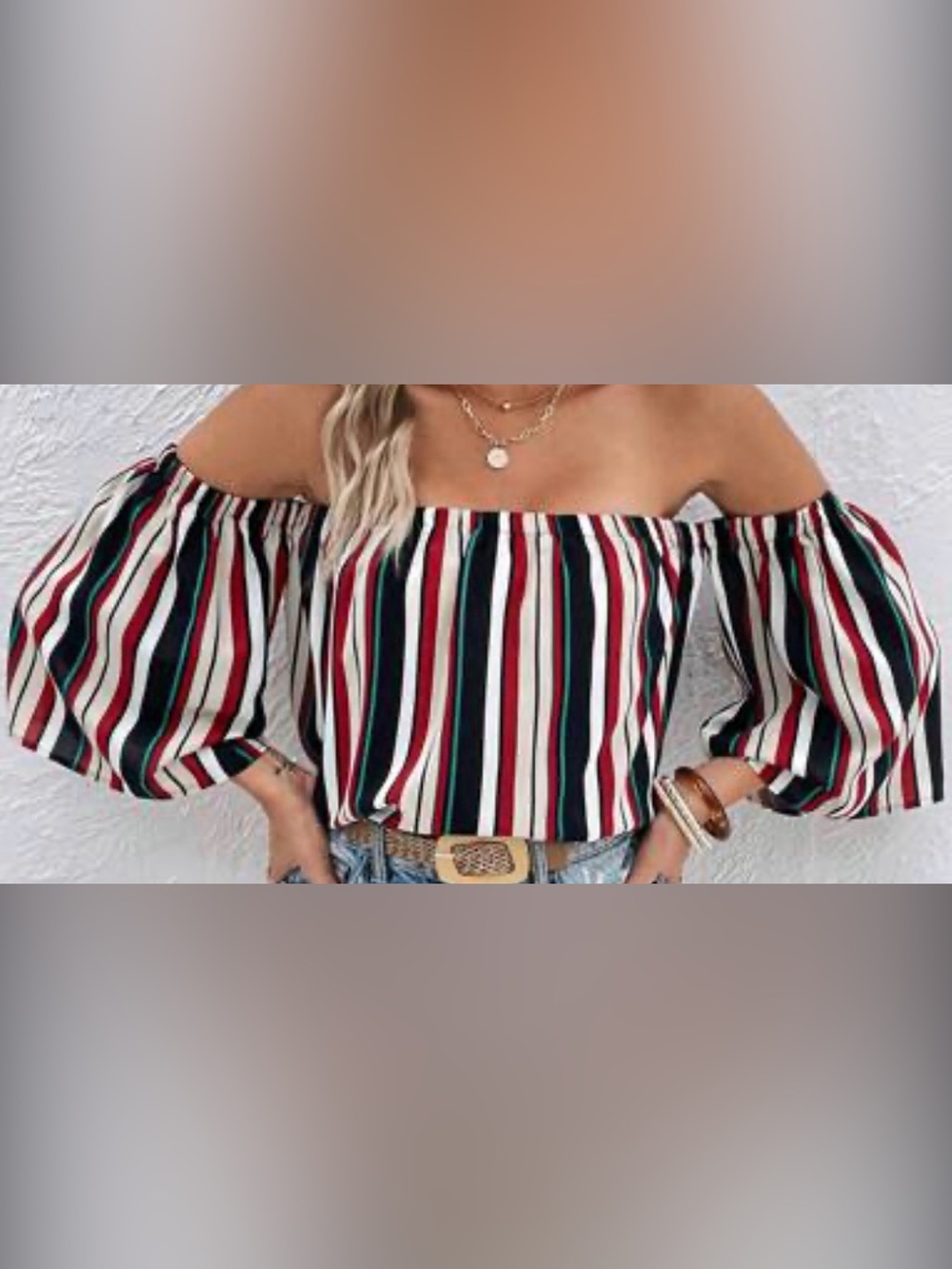 Toska Off-Shoulder Striped Top - Red/Black/White/Teal